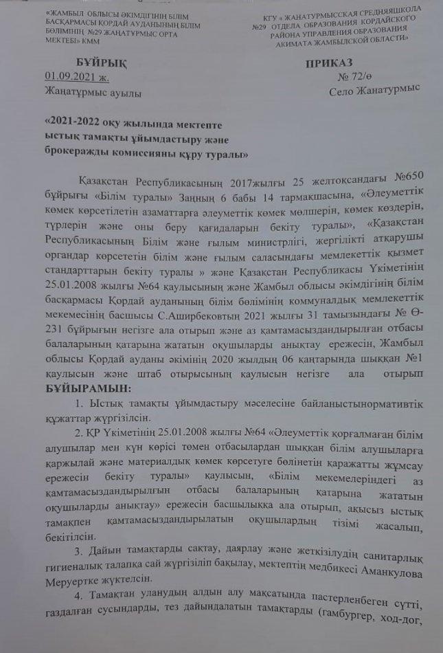 2021-2022 оқу жылында мектепте ыстық тамақты ұйымдастыру және брокеражды комиссияны құру туралы акт