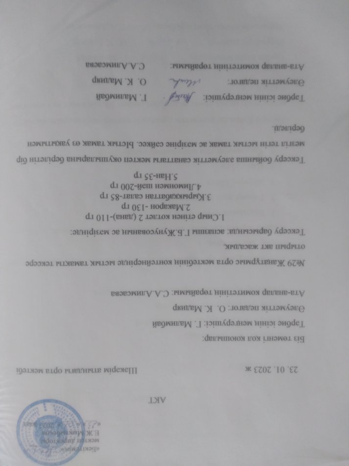 2023 жылы қаңтар айында мектеп асханасында ыстық тамақтың ұйымдастырылуын тексеру